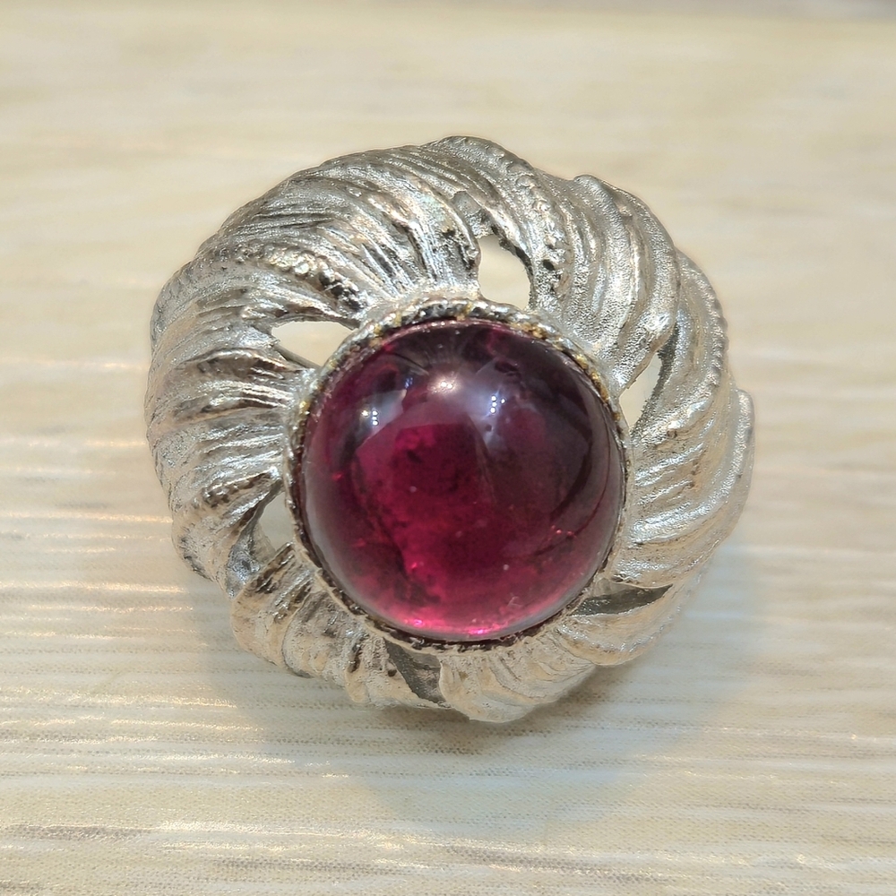 Vintage Modernist Ruby Red Glass Brutalist Statement Ring Adjustable